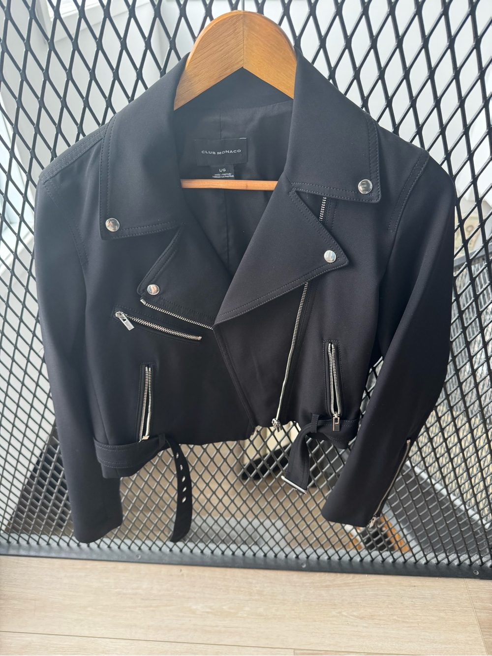 Club Monaco Black Cropped Moto Jacket with Belt
